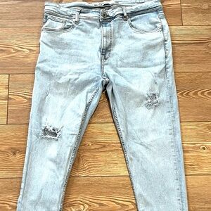 Zara Men's Distressed Skinny Jeans 34 Light Wash Stretch Denim Ripped Slim Fit